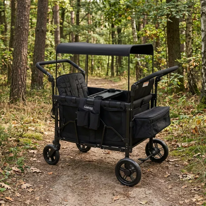 2-in-1 Foldable Double Stroller Wagon with Canopy and Adjustable Handle for Twins & Toddler, Black