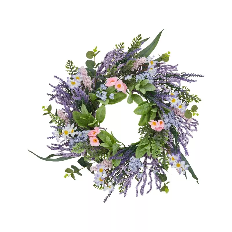 20″ Spring Summer Wreath for Front Door, Artificial Floral Wreath with Purple Daisy Flowers & Lavender, Indoor Outdoor Wreath for Wall Wedding Festival Farmhouse Holiday Decor, Purple & Pink