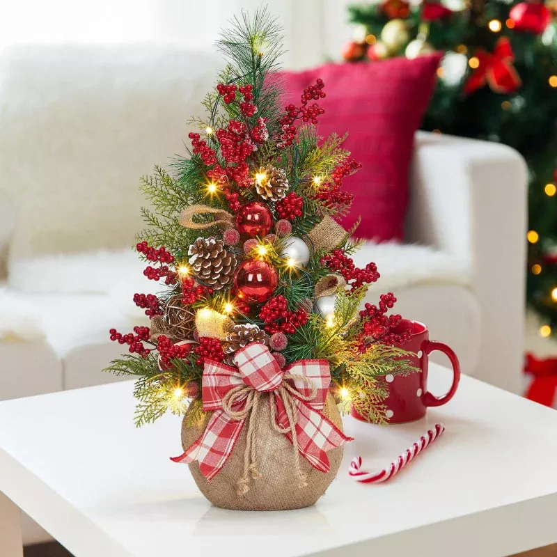 24 Inch Mini Christmas Tree with Lights, Pre-Lit Artificial Table Tree with Bow & Balls, Red Berries & Pine Cones, DIY Table Top Decoration for Indoor Home, Red & Green