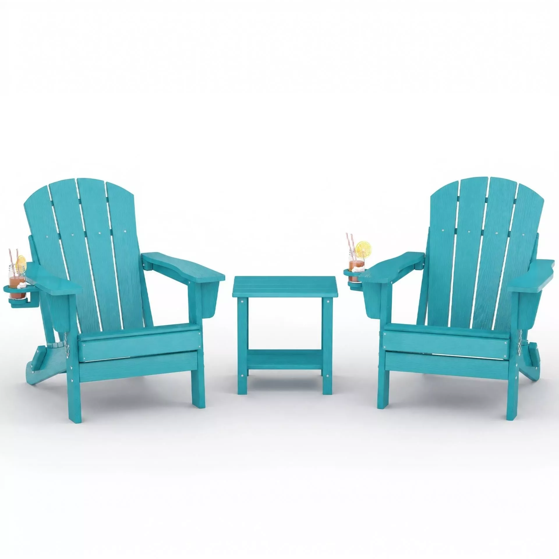 3-Piece Folding HDPE Adirondack Chair Set, 2 Chairs with Cup Holders & 1 Side Table for Fire Pit, Patio & Lawn, Black
