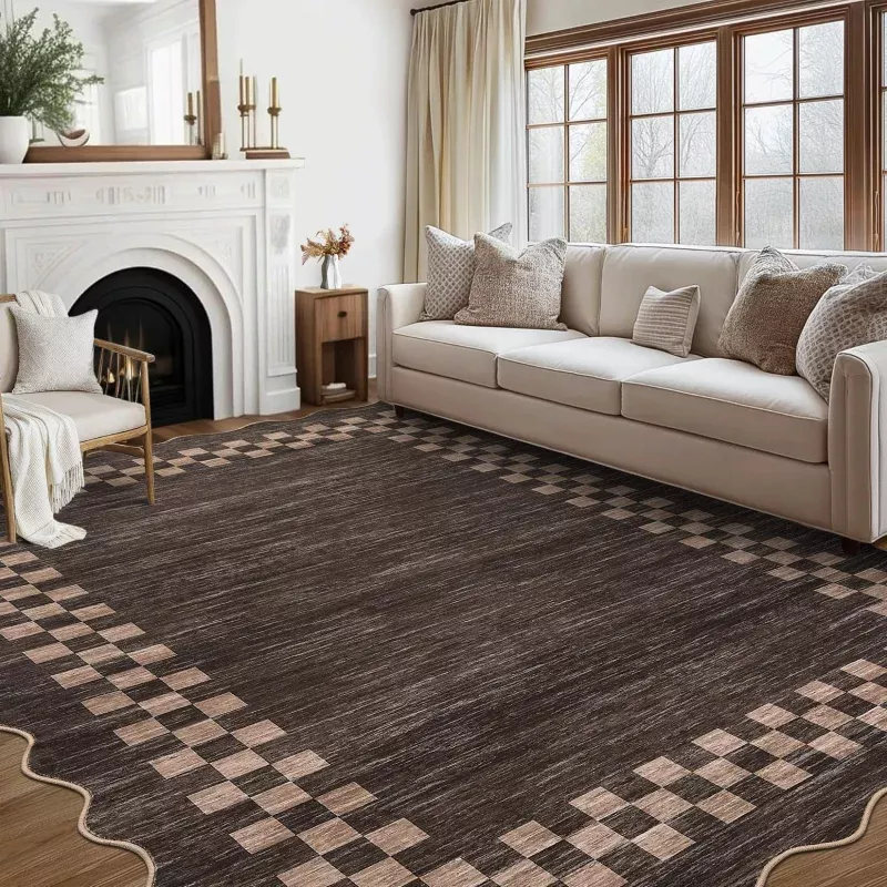 4′6′ Scalloped Bordered Solid Area Rug, Machine Washable Non-Slip Low-Pile Stain-Resistant Rug for Living Room, Bedroom & Dining Room, Brown