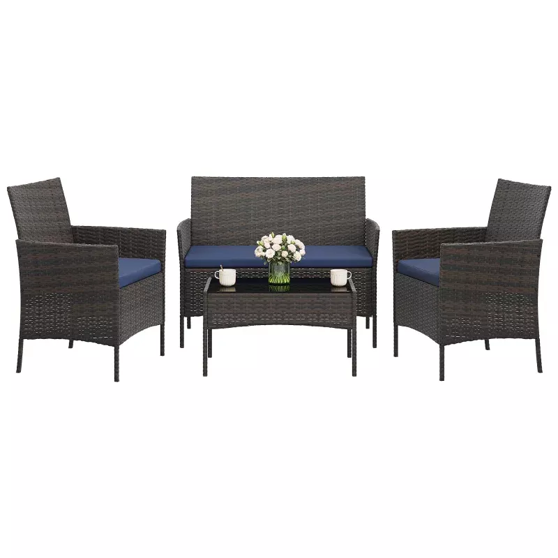 4-Piece Rattan Patio Conversation Set, Brown Wicker Outdoor Sofa Set with Navy Blue Cushions & Glass Table