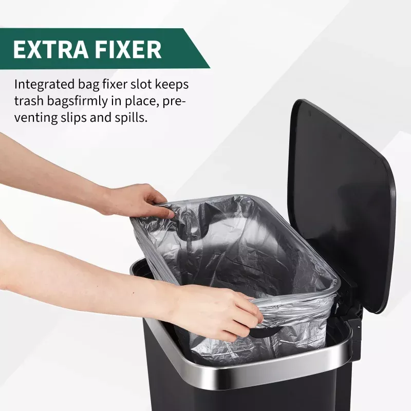 51L/14 Gallon Black Kitchen Trash CanStep Pedal, Silent Close Plastic Lid, Liner Rim & Pocket, No Inner Bucket, Plastic BagUSA Specification