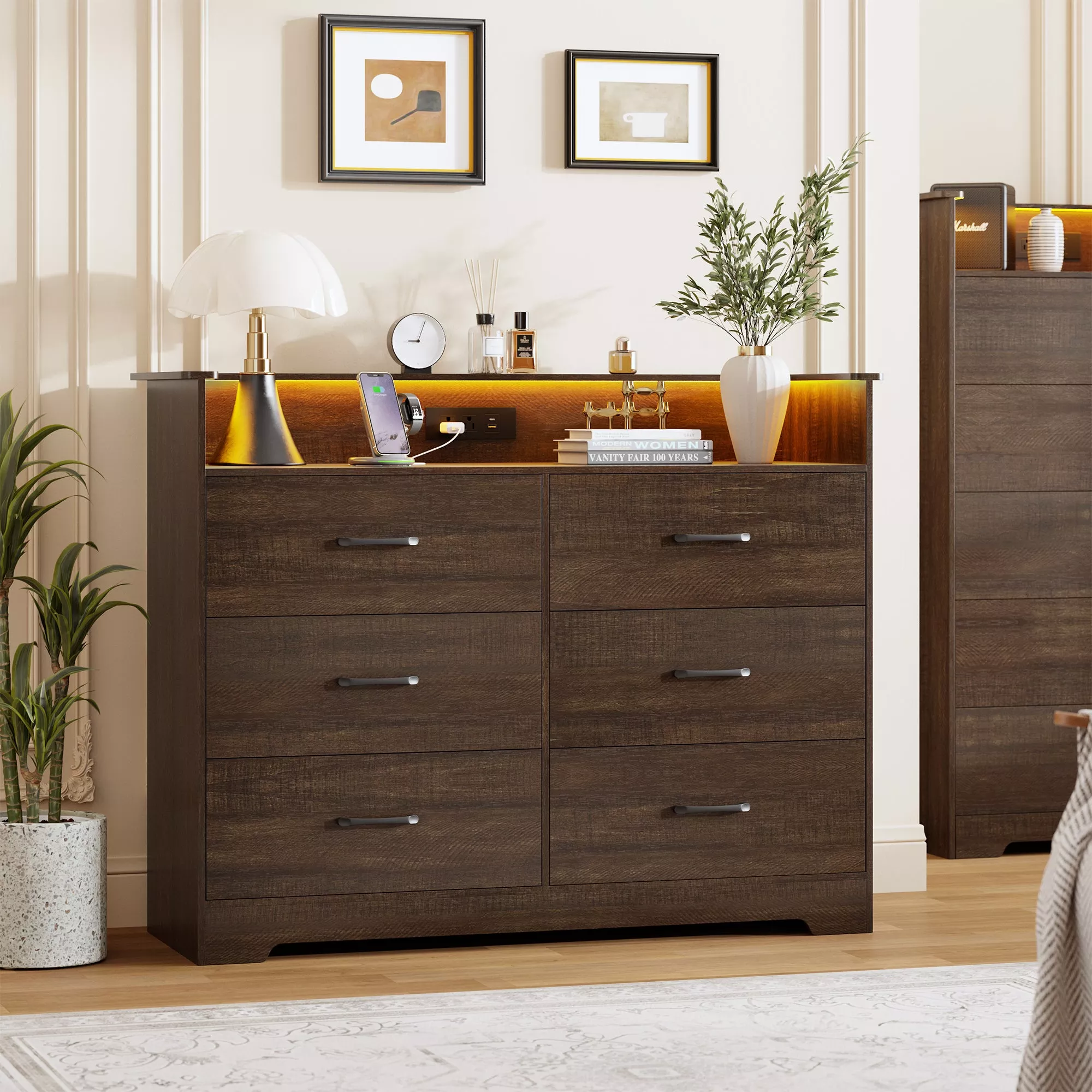 6 Drawer Dresser for Bedroom – 47.2 Wide Double Chest of Drawers with LED Light and Charging Station, Modern Large TV Stand Cabinet Organizer with Open Shelf for Living Room, Entryway, Hallway, Brown