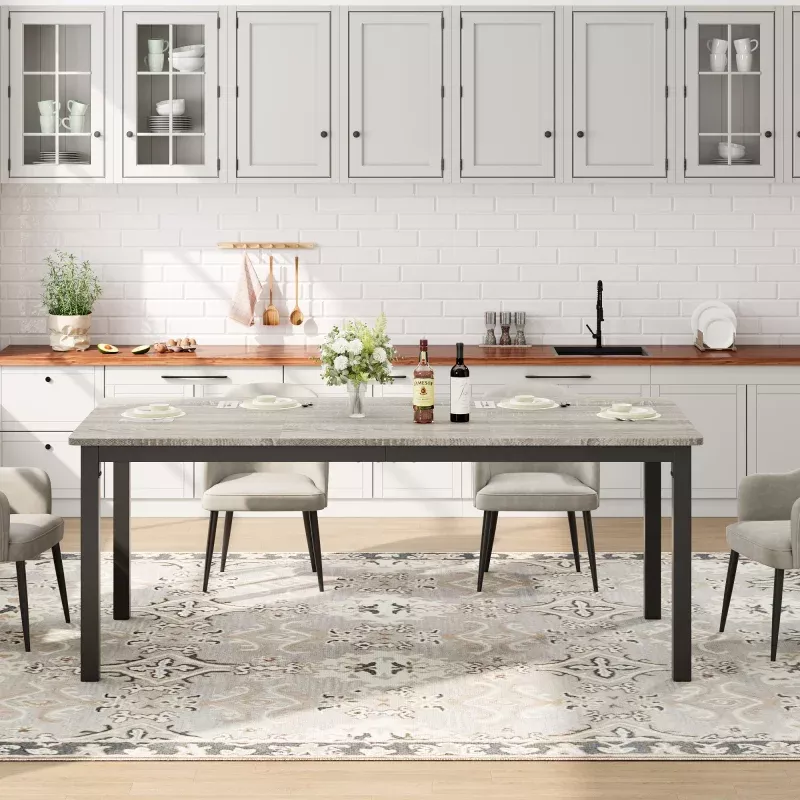 70.9″ Dining Table for 6, Farmhouse Wooden Kitchen Tables for Family, Rectangular Industrial Style Dining Room Table with Sturdy Metal Frame, Long Desk for Restaurant, Kitchen, Office,Grey