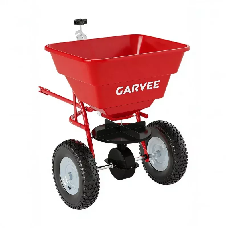 85 lb Tow-Behind Broadcast Spreader with Adjustable Flow Control, 10-Inch Pneumatic Tires, Steel Frame & Universal Hitch for Seed, Fertilizer, Salt and Ice Melt, Red