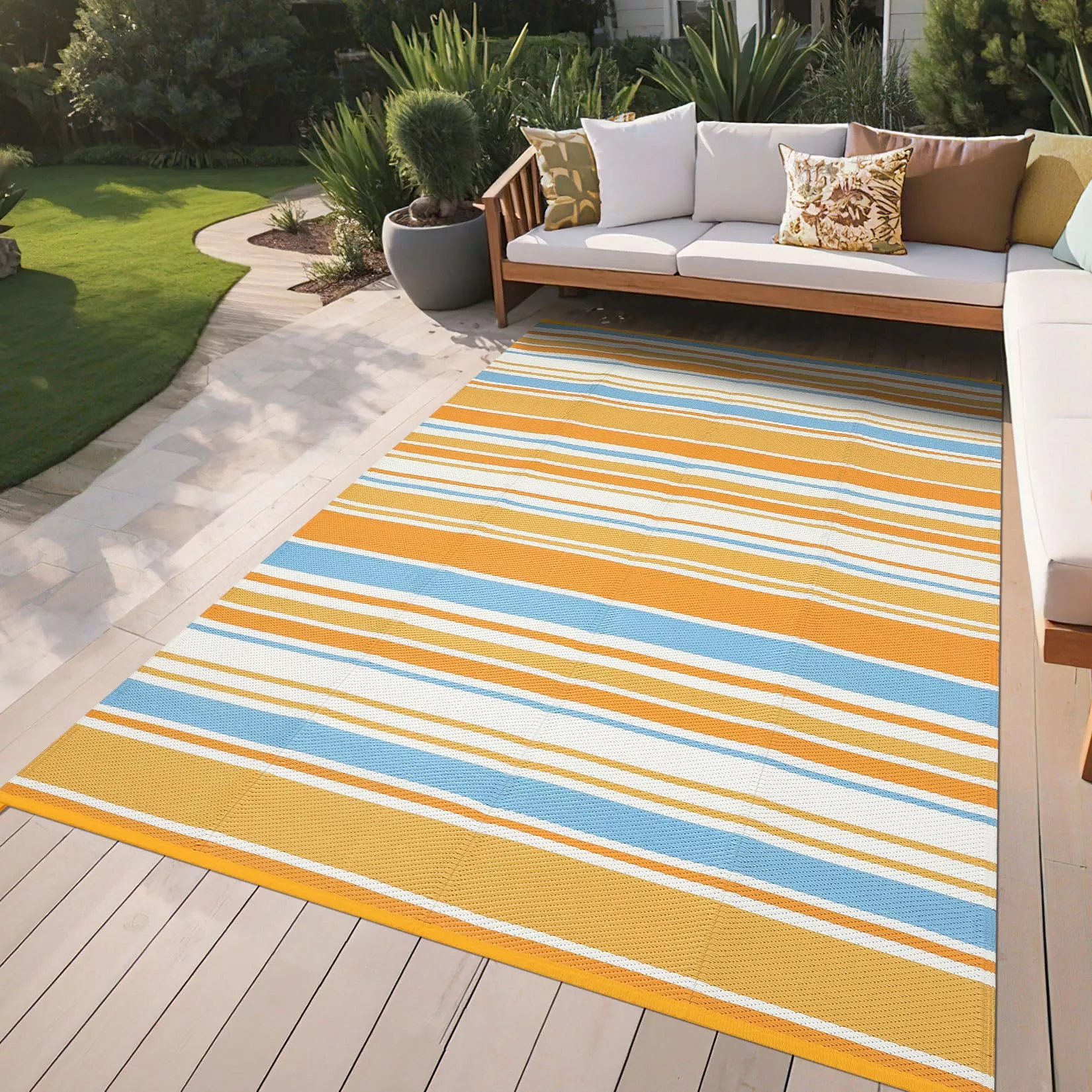 9×12 Outdoor Rug Modern Geometric Reversible Plastic Straw Colorful Striped Large Rug for Balcony Deck Beach Orange Yellow Blue White