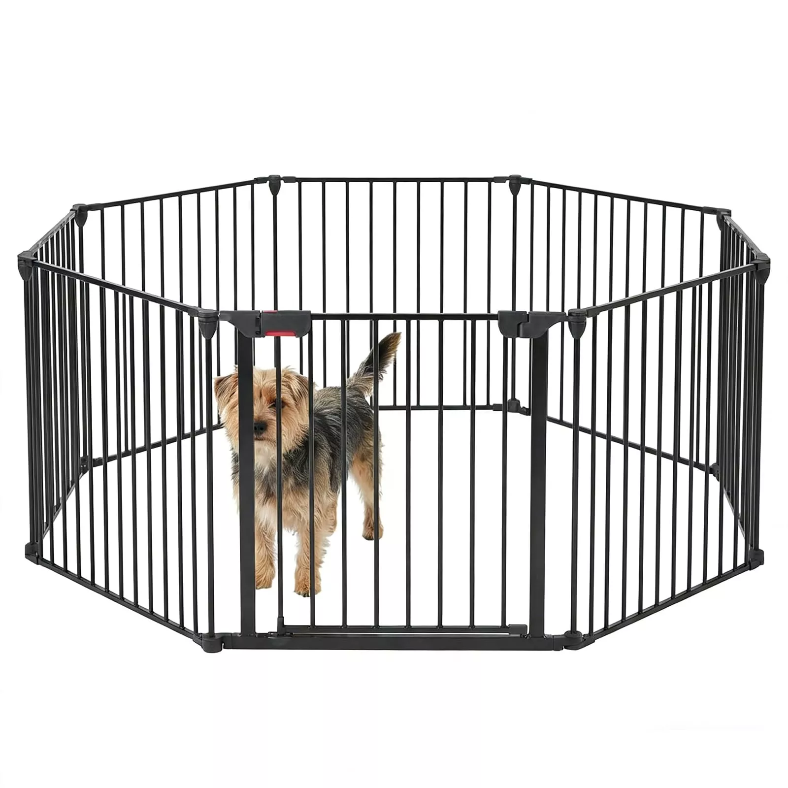 Adjustable Metal Pet Safety Gate 8-Panels, 29″ High Collapsible Playpen with Lockable Door, Portable Indoor/Outdoor Barrier for Stairs, Doorways, RV, Camping, Yard, Garden, Black