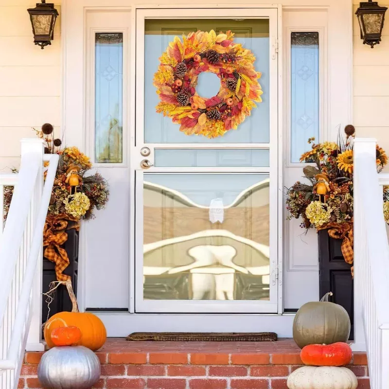 Artificial Fall Wreath 4 Pack 24 InchMaple Leaves, Pinecones & Red BerriesAutumn Harvest Thanksgiving Decor for Front Door, Table or WallHome Holiday Decoration, System Default