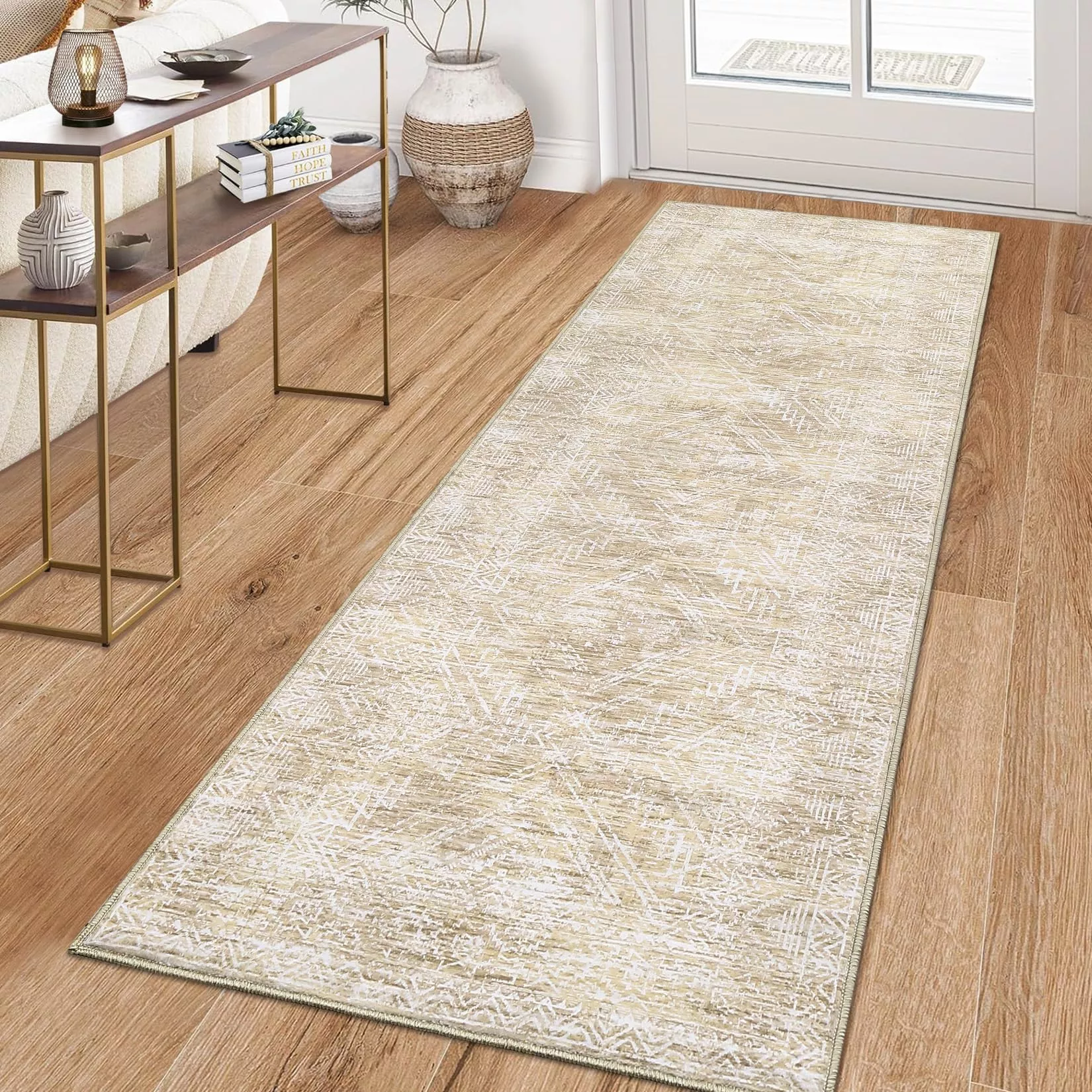 Bethroom Runner Rugs 2×8 Faux Wool Machine Washable Foldable Printed Area Rug Modern Distressed with Non Slip Design Stain Resistant Non Shedding Pet Friendly Carpet Perfect for Home Decor, Beige