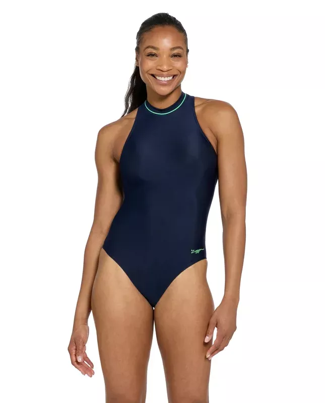 Cable Zipped Hi-Neck Swimsuit – Navy/Mint