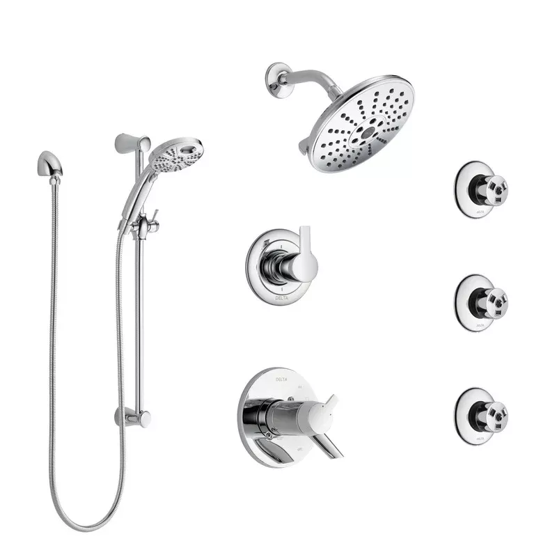 Delta Compel Chrome Shower System with Dual Thermostatic Control, 6-Setting Diverter, Showerhead, 3 Body Sprays, and Temp2O Hand Shower SS17T26124