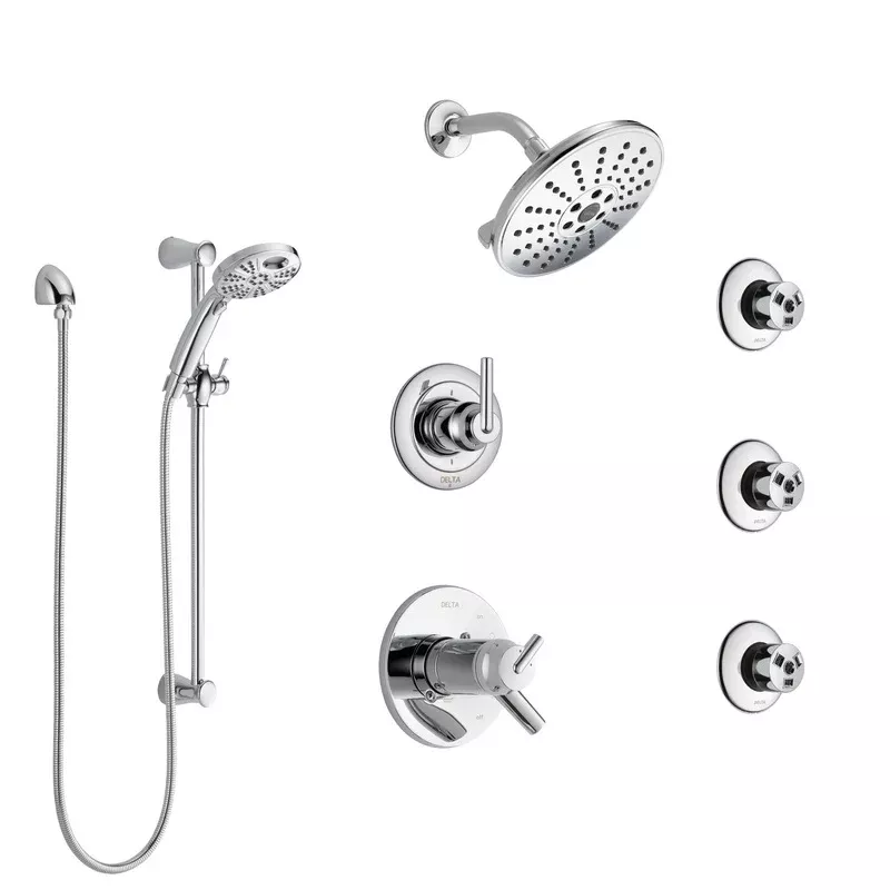 Delta Trinsic Chrome Shower System with Dual Thermostatic Control, 6-Setting Diverter, Showerhead, 3 Body Sprays, and Temp2O Hand Shower SS17T25914
