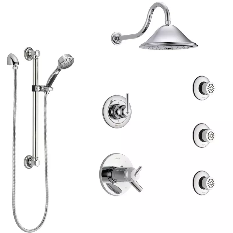 Delta Trinsic Chrome Shower System with Dual Thermostatic Control, Diverter, Showerhead, 3 Body Sprays, and Hand Shower with Grab Bar SS17T25911