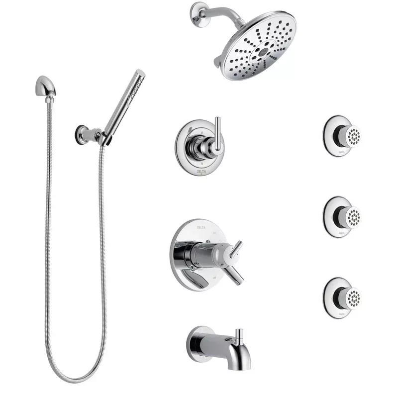 Delta Trinsic Chrome Tub and Shower System with Dual Thermostatic Control, 6-Setting Diverter, Showerhead, 3 Body Sprays, and Hand Shower SS17T45916
