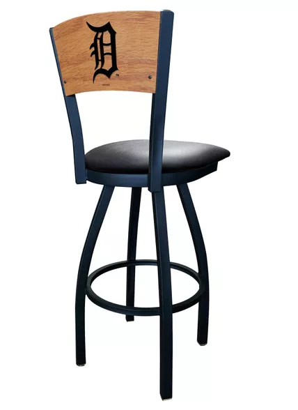 Detroit Tigers L038 Laser Engraved Wood Back Bar Stool w/ Black Vinyl Seat by Holland Bar Stool, Various Heights