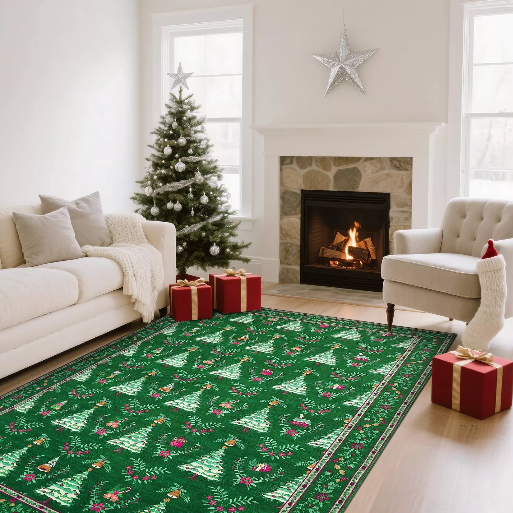 Distressed Christmas Green 6×9 Low Pile Non-Slip Machine Washable & Foldable Rug for Living Room, Bedroom, Entryway & Holiday Gatherings