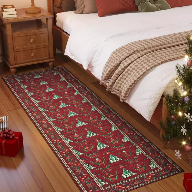 Distressed Christmas Red 2×8 Low Pile Non-Slip Machine Washable & Foldable Rug for Living Room, Bedroom, Entryway & Holiday Gatherings