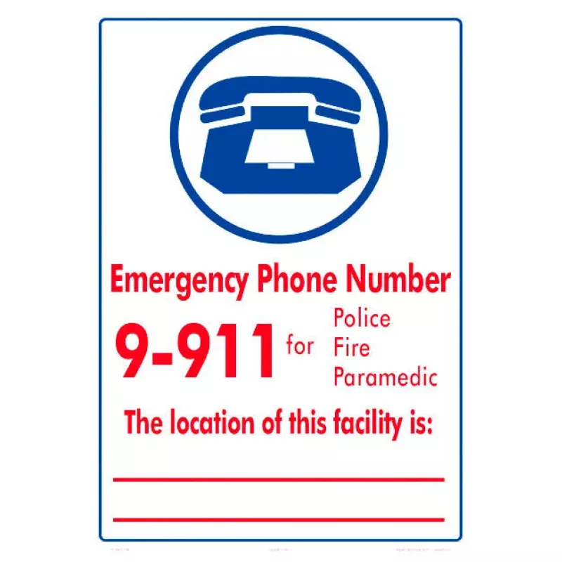 Emergency Phone 9-911 With Facility Location Sign – 10 x 14 Inches on Styrene (Customize or Leave Blank)