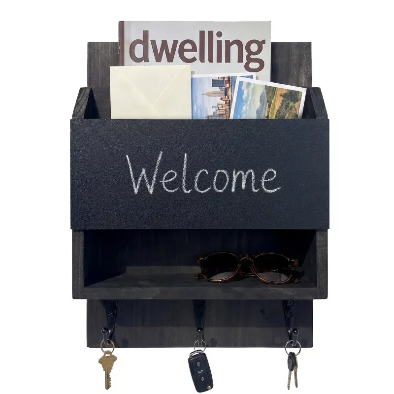Entryway Wall-Mount Mail Organizer & Key Holder with Chalkboard and Long Shelf – Rustic Wood Letter Rack with 3 Hooks for Keys, Coats & Dog Leashes – Black – Style 1
