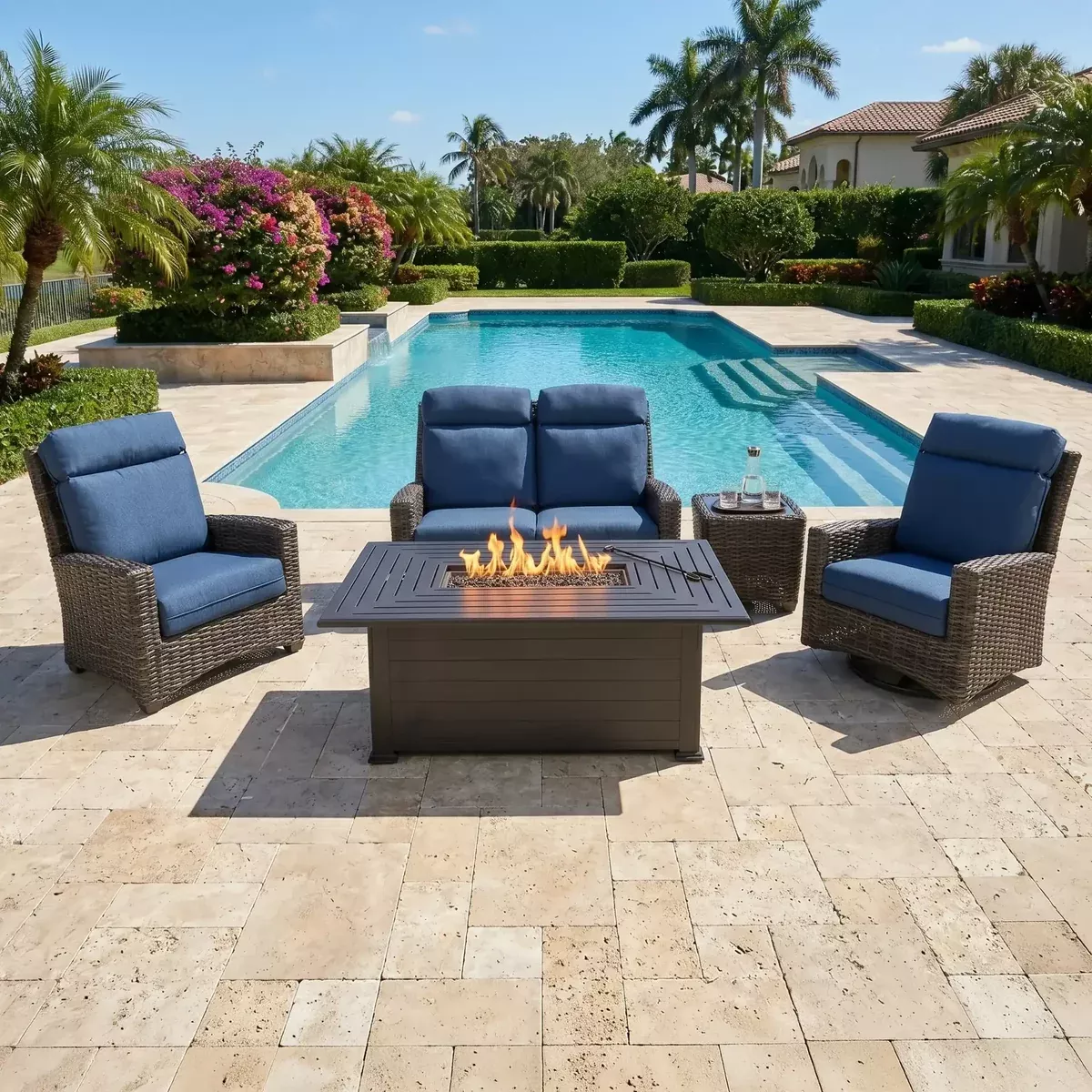 Grey Kampala 5 Piece Loveseat Firepit Chat Group - Lifeguard Lapis Indigo
