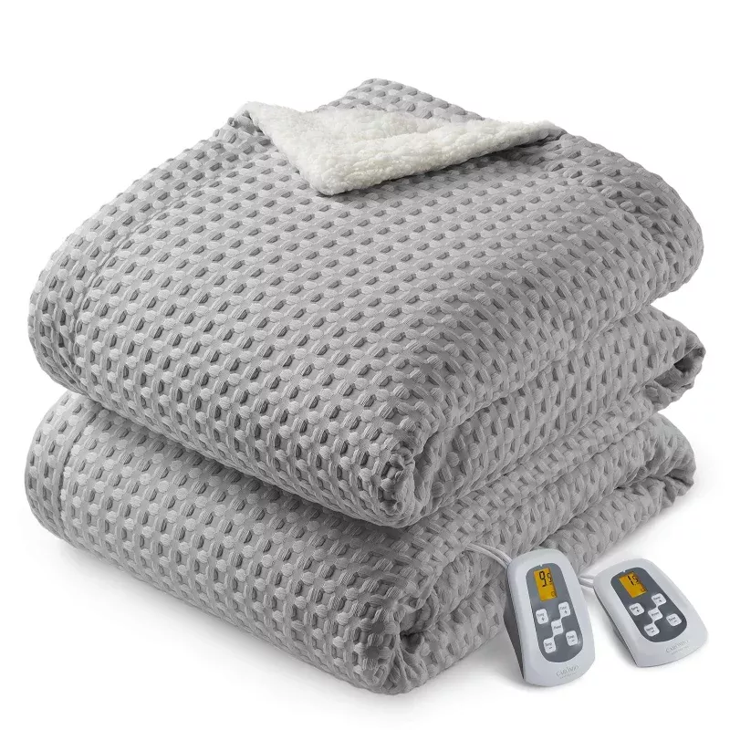 Heated King Size Blanket with Dual LCD Controllers, Fast Heating, 240GSM Velvet & Sherpa, 10 Heat Levels, 1-12H Timer, Machine Washable, Grey, 100″x90″