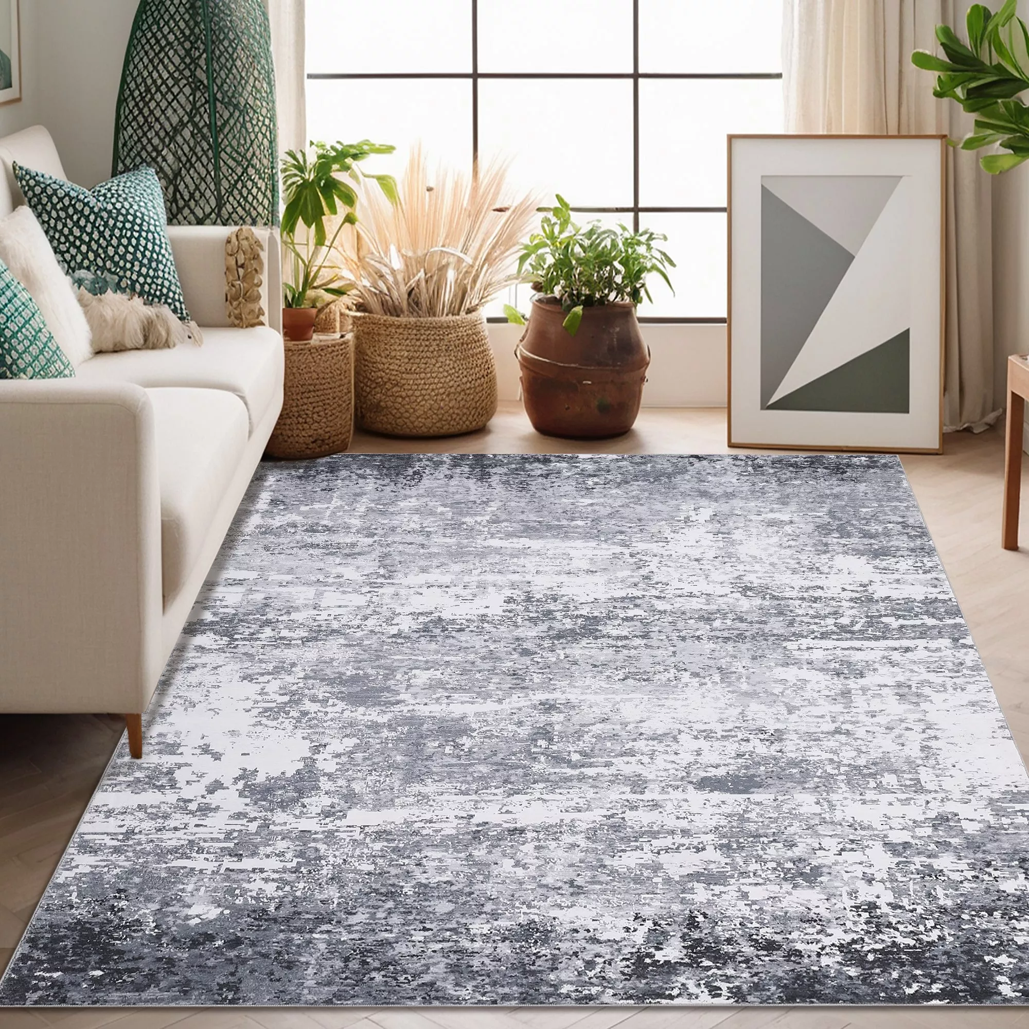 Large Area Rug 10×13 Modern Abstract Rug Machine Washable Non Slip Soft Low Pile Foldable Light Grey for Living Room Nursery Bedroom