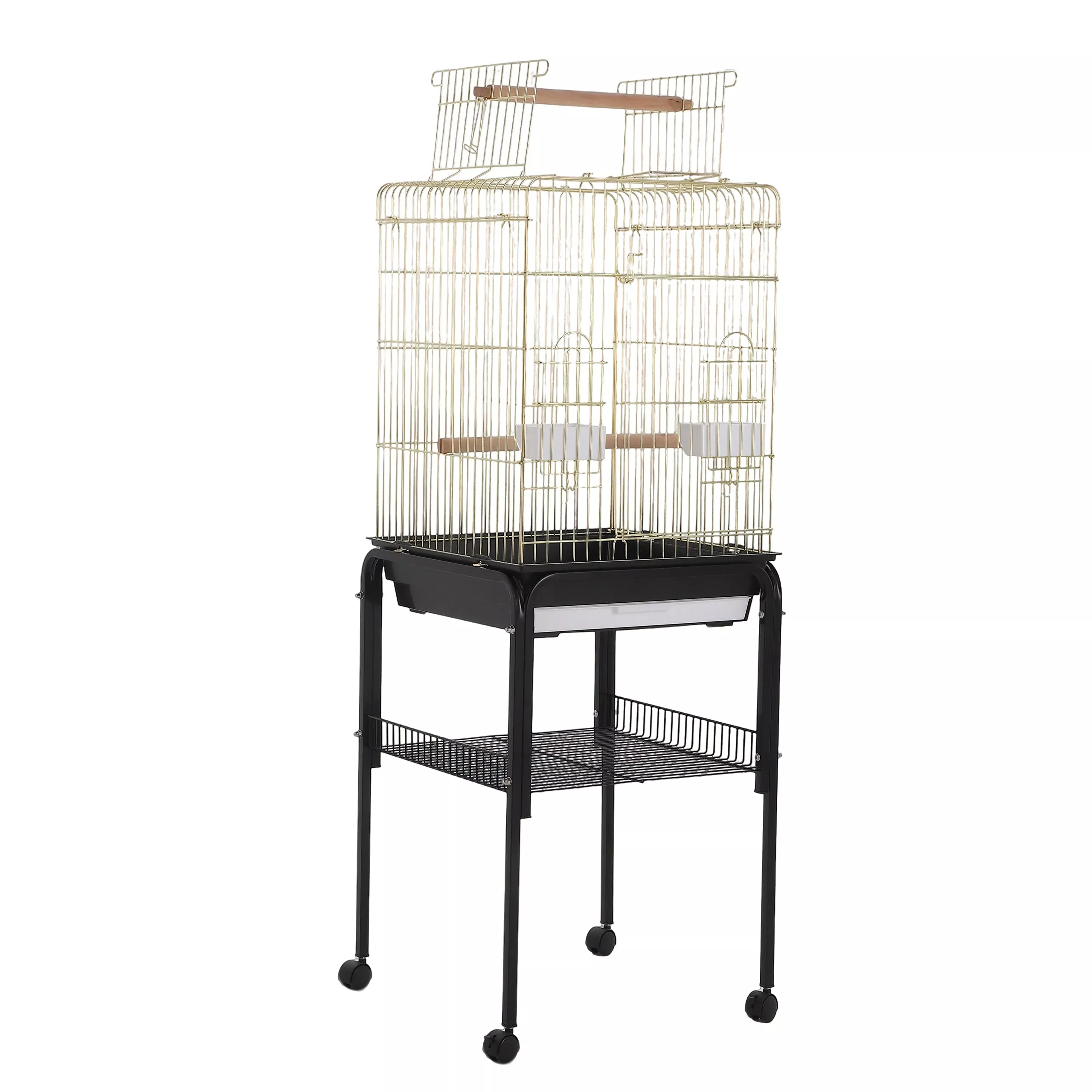 Large Open-Top Bird Cage with Rolling StandRemovable Tray, Extra Storage, Breakable Casters, Indoor/Outdoor UseBlack Frame Gold Cage Body, Model 1038+10#