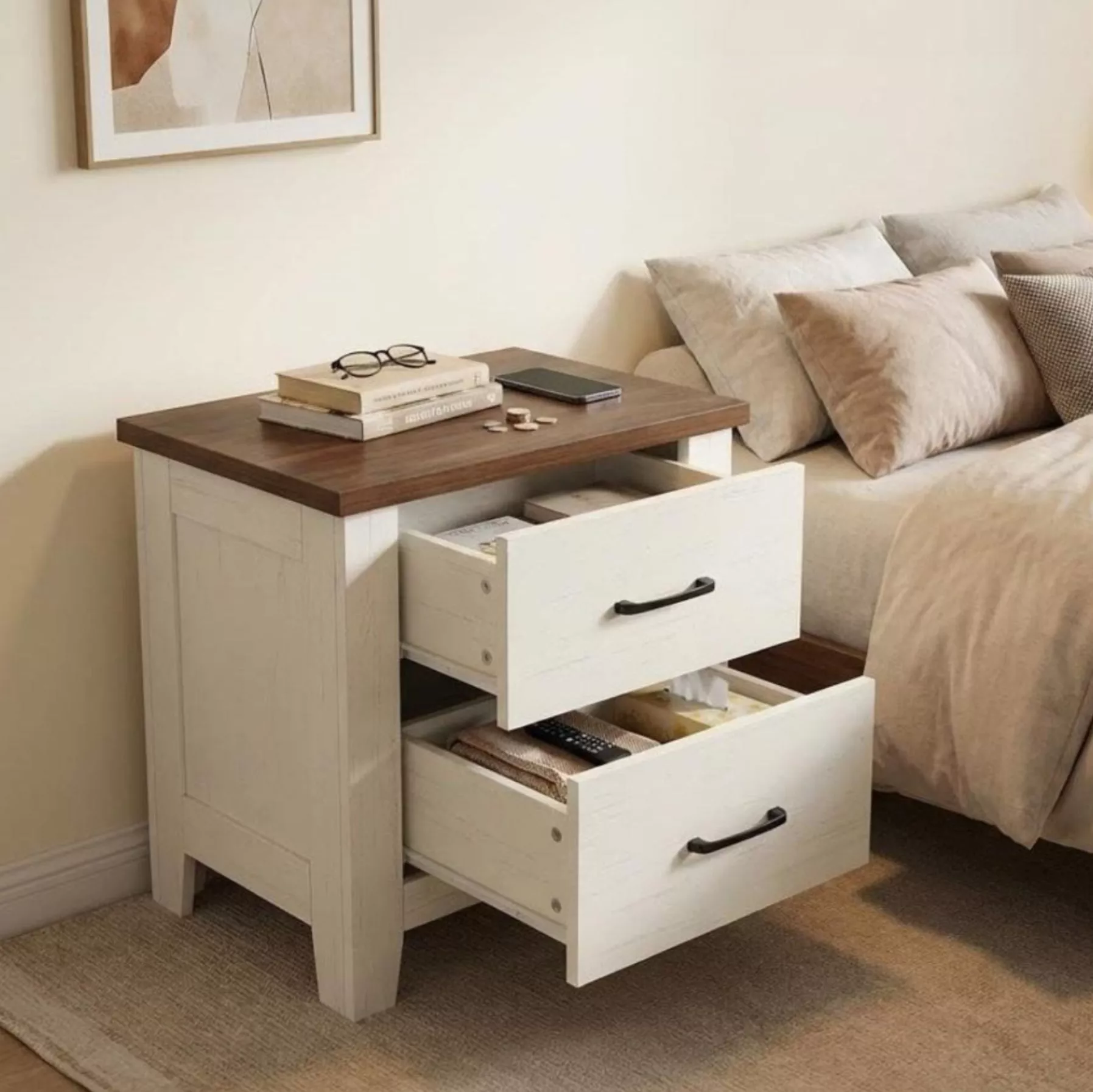 Minimalist Modern Bedside TableWhite and Brown Bedside Table with 2 Drawers, Farmhouse Storage Cabinet End Table, Bedroom or Living Room, Brown and White