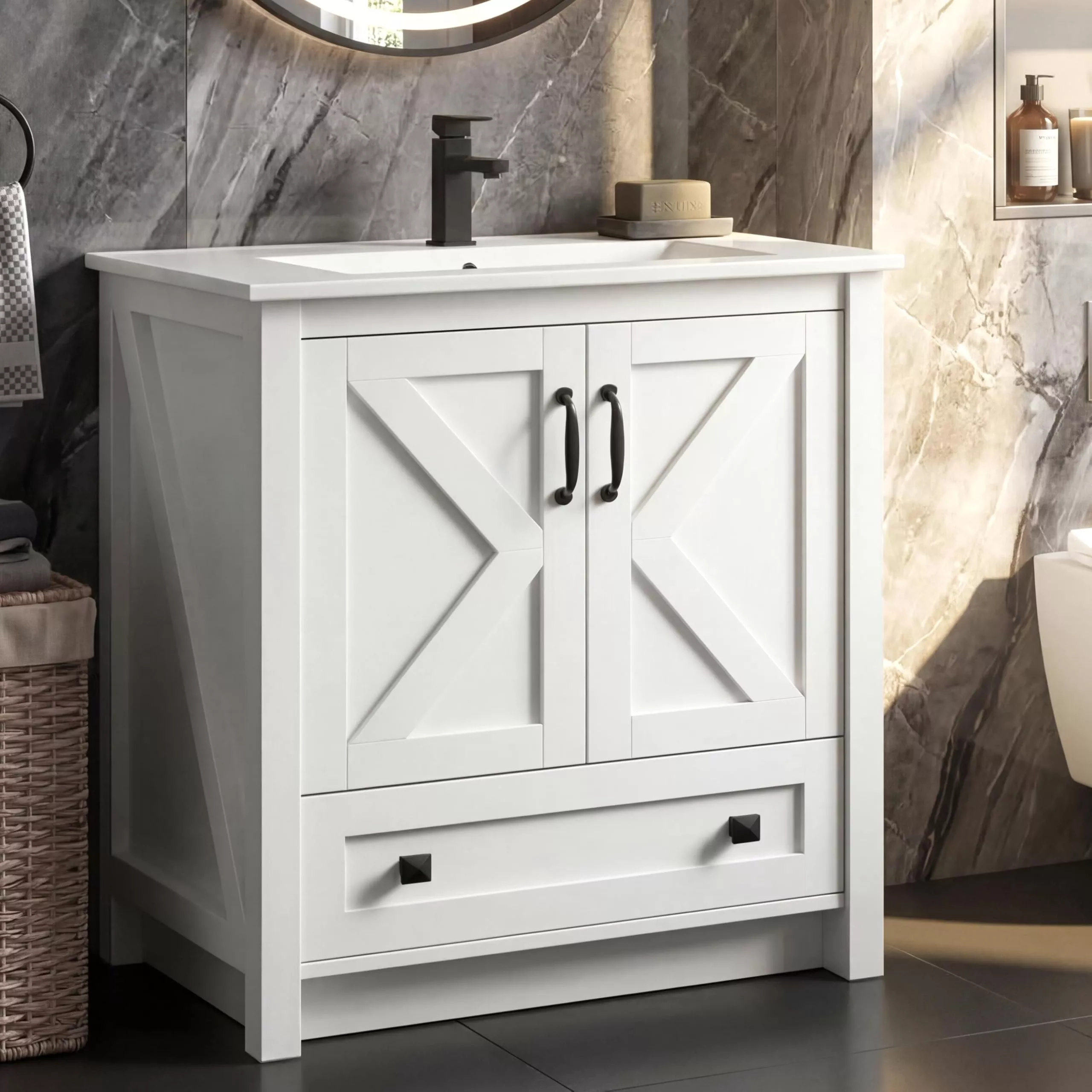 Modern 30″ Freestanding Bathroom Vanity with with 2 Doors and Storage Drawer for Bathroom, Grey