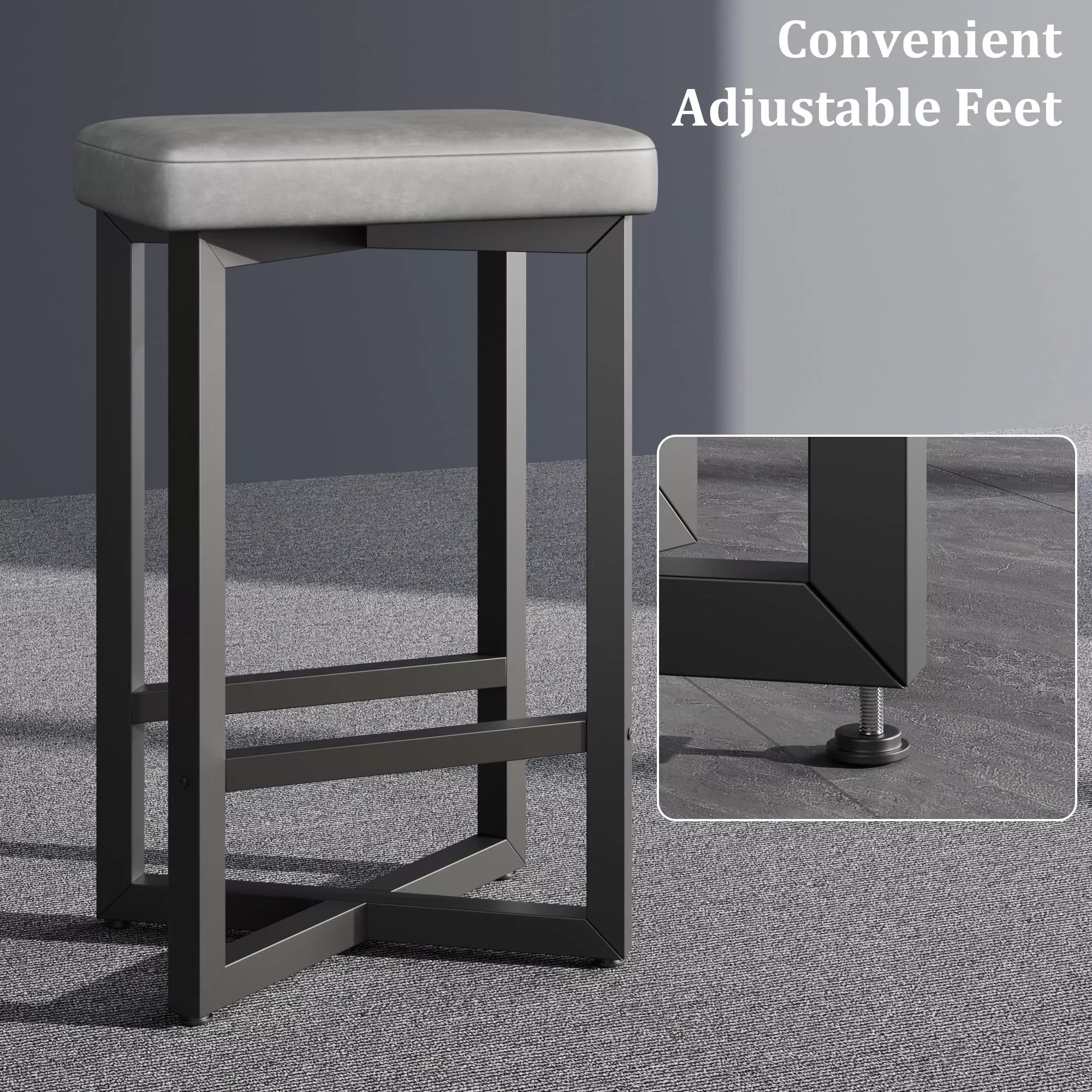 Modern Backless Bar Stools Set of 4, 24.6″ Counter Height, Upholstered PU Leather Seat, Sturdy Metal X-Frame & Footrest, Ideal for Kitchen Island, Dining Room, or Home Bar, Light Gray, Storage: 2PC