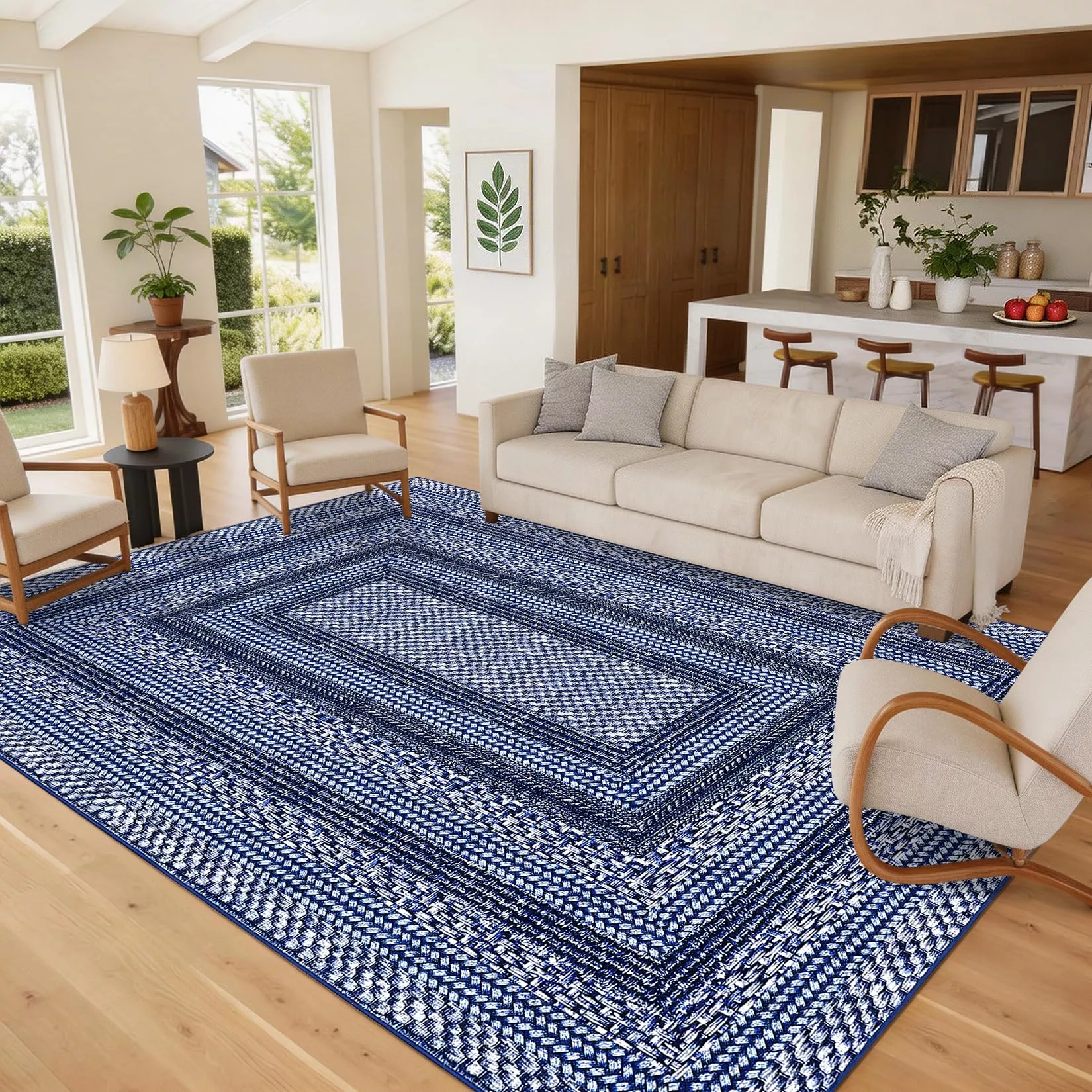Modern Bordered 5×7 Area Rug Non Slip Washable Ultra Thin Soft Low Pile Geometric Pattern Living Room Bedroom Office