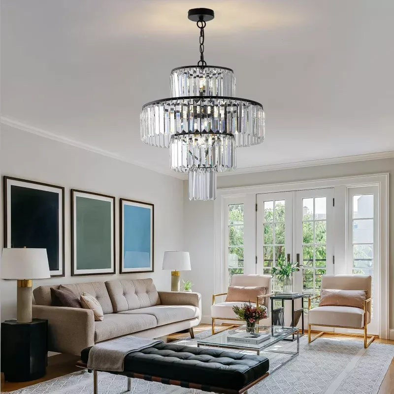 Modern Crystal Chandeliers Round Adjustable Ceiling Chandeliers Light Fixture 4-Tier K9 Crystal Pendant Lamp for Dining Room Living Room 19.7 Inch Black