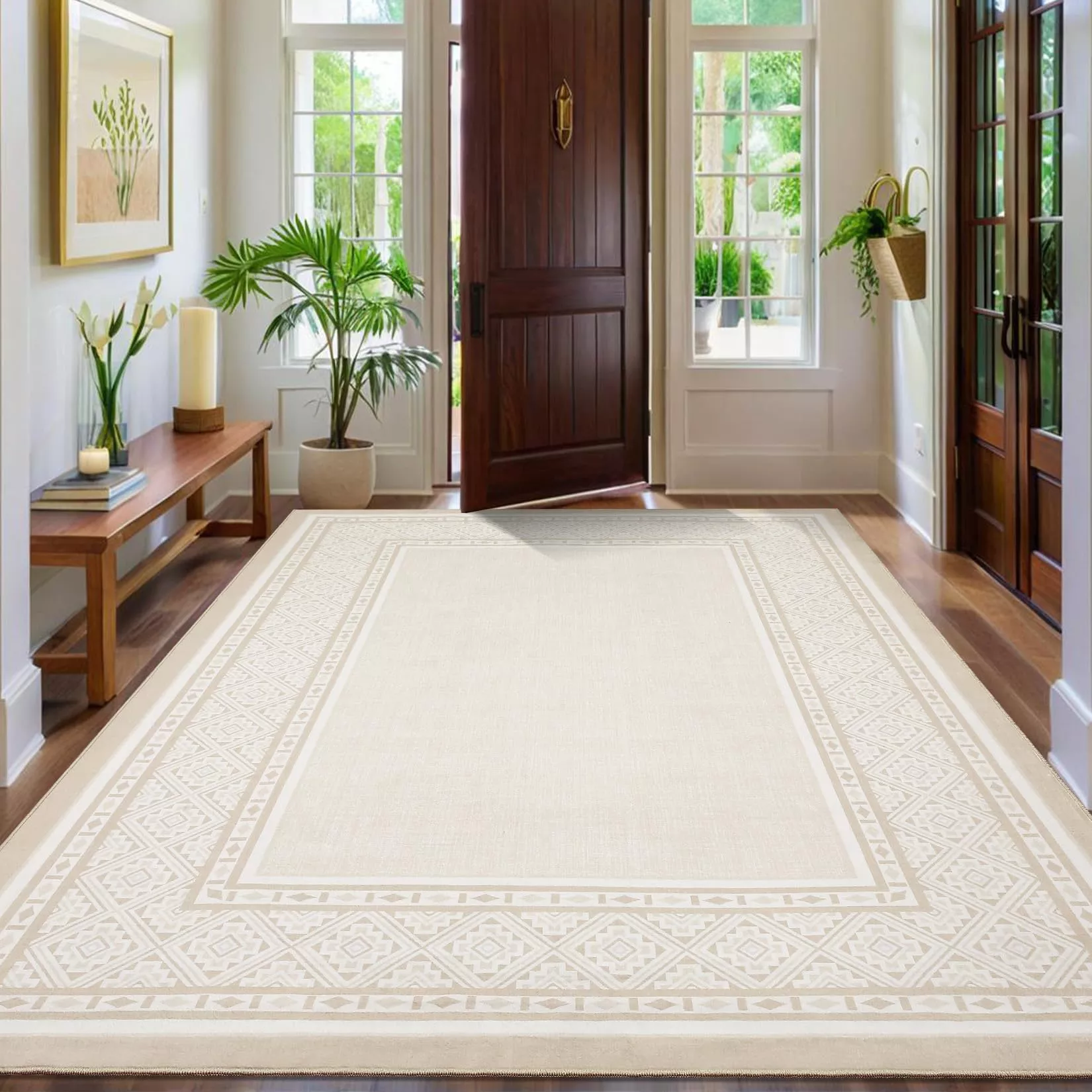 Modern Neutral Bordered Area Rug Beige 9×12, Ultra Soft Washable Polyester, Non-Slip Low-Pile, Geometric Pattern for Living Room Bedroom Office
