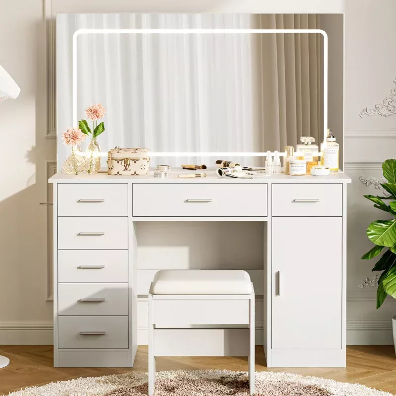 Modern Vanity Desk with Large LED Mirror, 7 Drawers, 3 Lighting Modes, Adjustable Brightness, Cushioned Stool, Charging Outlets, Hair Dryer HolderMakeup Table for Bedroom – Color: White