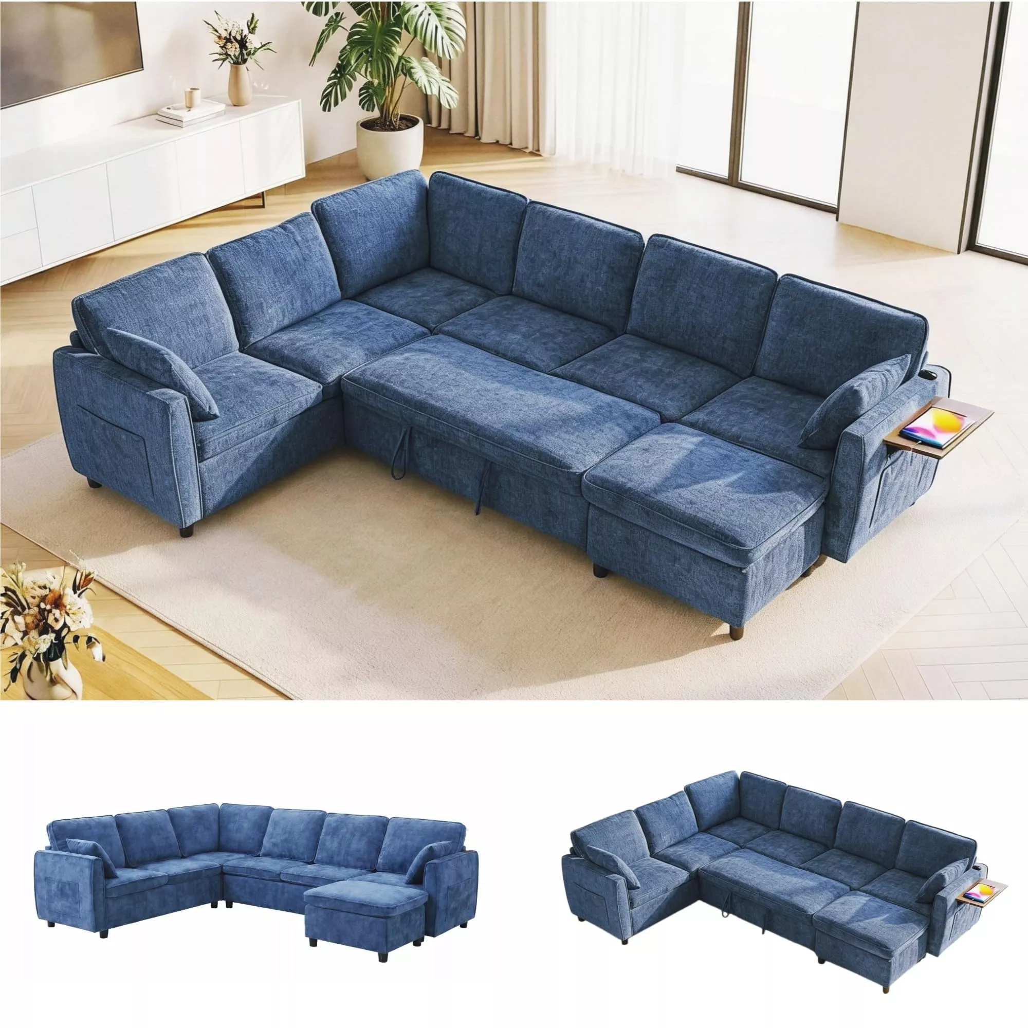 Modular Sectional Sleeper Sofa with Pull Out Bed, 116″ Large U Shaped 7 Seater Sectional Couches with Ottoman, Charging Port & Foldable Side Table, Comfy Chenille Cloud Sofas for Living Room, Beige
