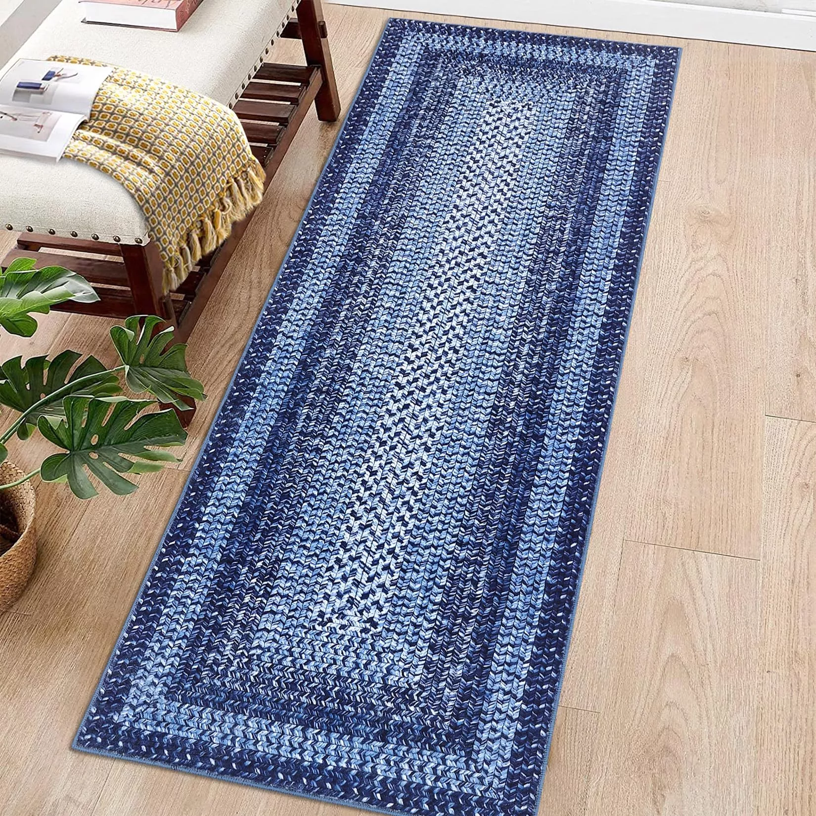 Navy Boho Kitchen Runner Rug 2×8, Washable Non Slip Low Pile Faux Wool Carpet, Vintage Braided Print Rug for Hallway Entryway Laundry Room