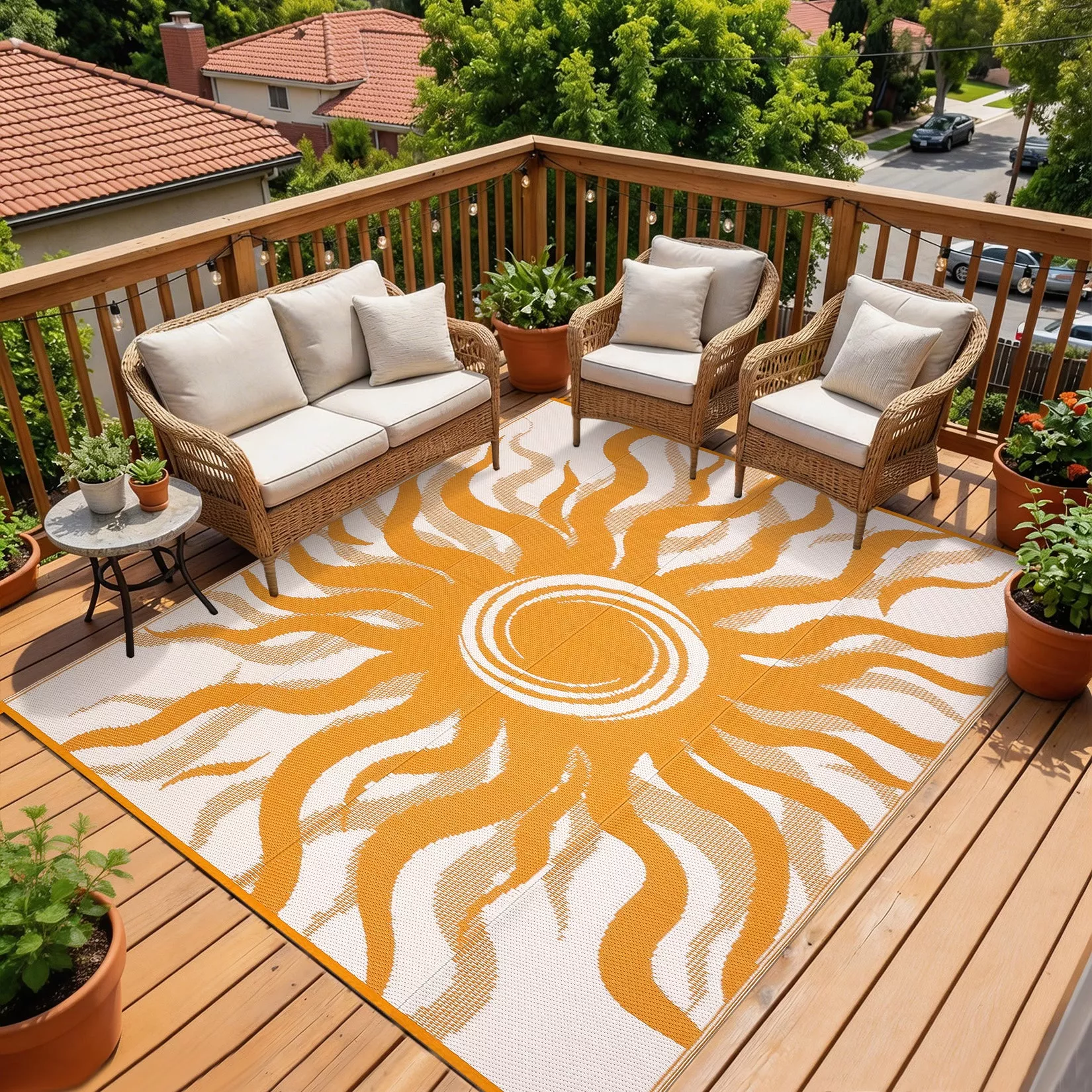 Outdoor Rug 8×10 Waterproof Boho Sun Pattern Reversible Plastic Straw UV-Resistant Lightweight Patio Mat for Deck Picnic Beach