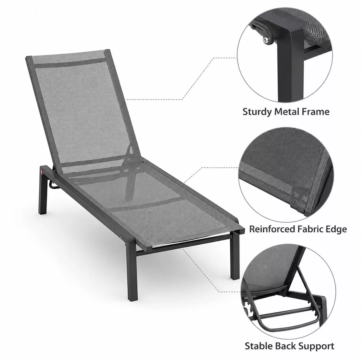 Patio Chaise Lounge Chairs for Poolside & Garden, 2-Pack Adjustable Recliners with Textilene Mesh, Steel Frame and Gray XL Design