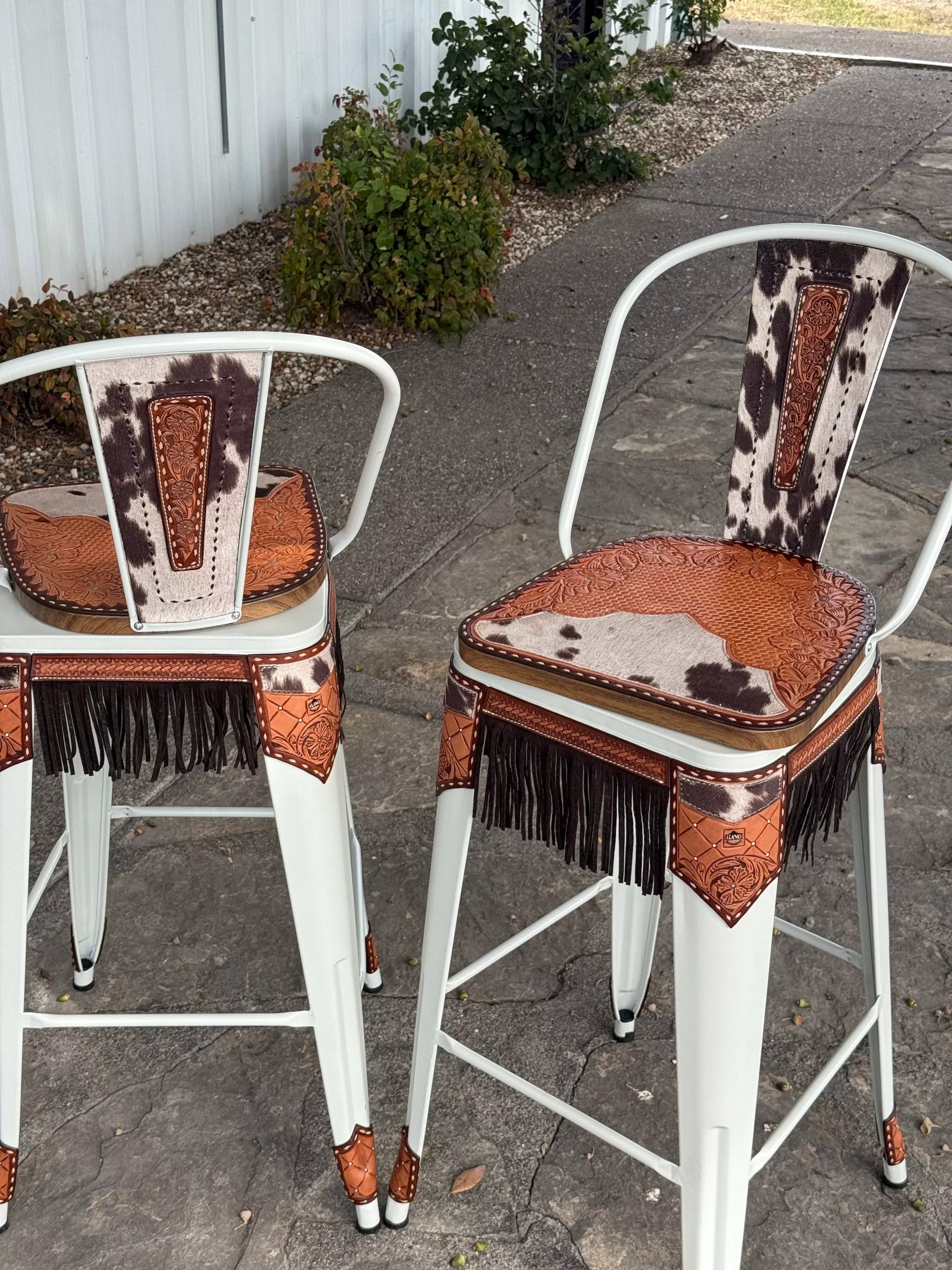 **PRE ORDER** Alamo Saddlery Cow Suede Inlay & Fringe Bar Stools with Tall Back – Set of 2