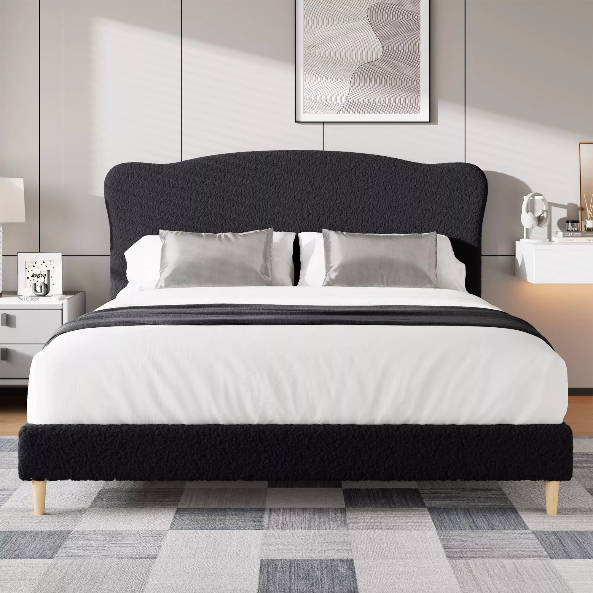 Queen Size Upholstered Platform Bed Frame – Soft Fleece Crown Headboard, Heavy Duty Wood Slats, Low Profile, Noise-Free, No Box Spring Needed, Safe Rounded Corners, Easy Assembly – Black, QUEEN size