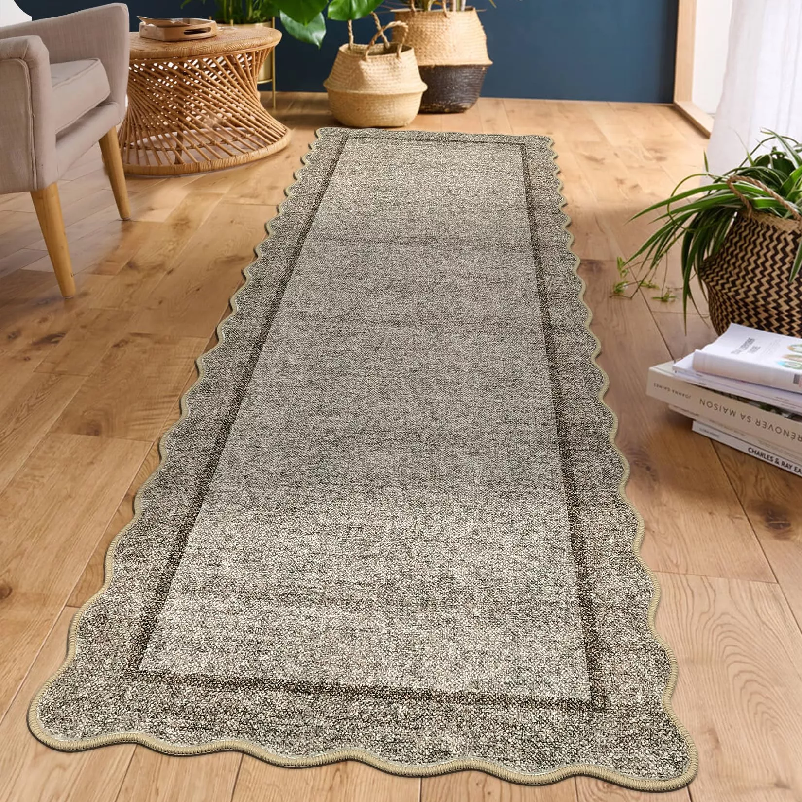 Runner Rugs Non Slip Hallway Rug 2×6 Washable Modern Scalloped Carpet Brown