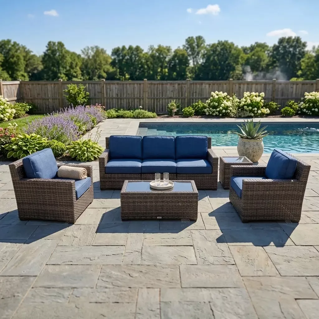 St. Kitts Grey 5 Piece Sofa Chat Group - Lifeguard Lapis Indigo