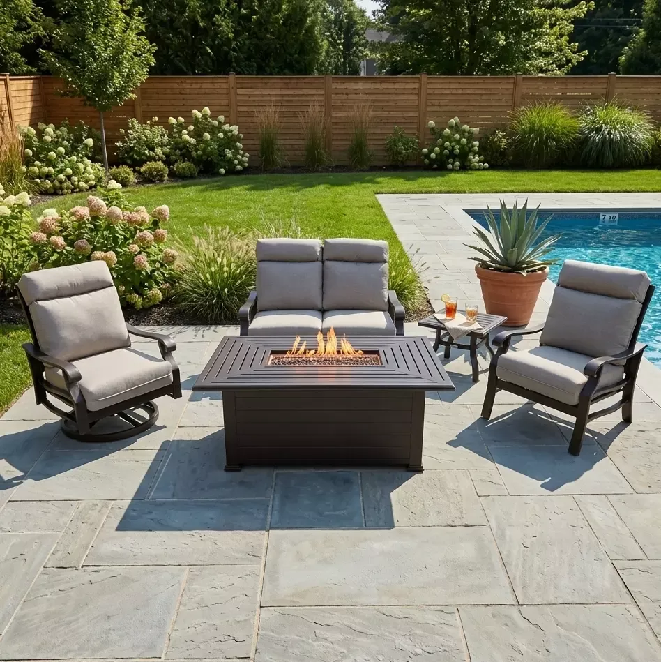 Stirling 5 Piece Loveseat Firepit/Chat Group - Makar Oyster