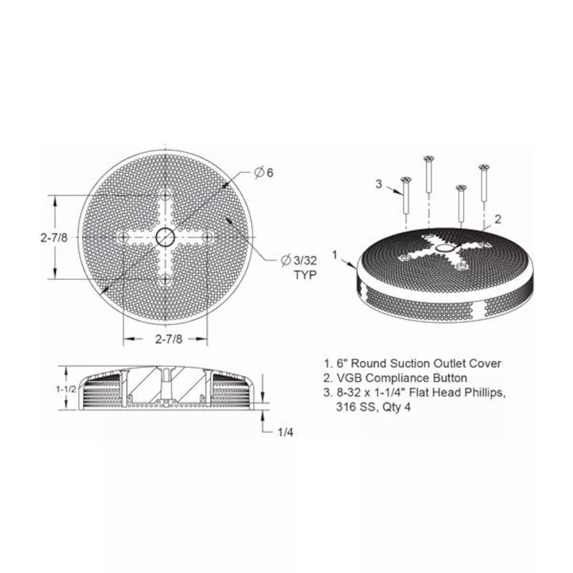 Suction Cover, AquaStar, VGB, Hydro-Air 6″Diameter, Black : 6HPHA102