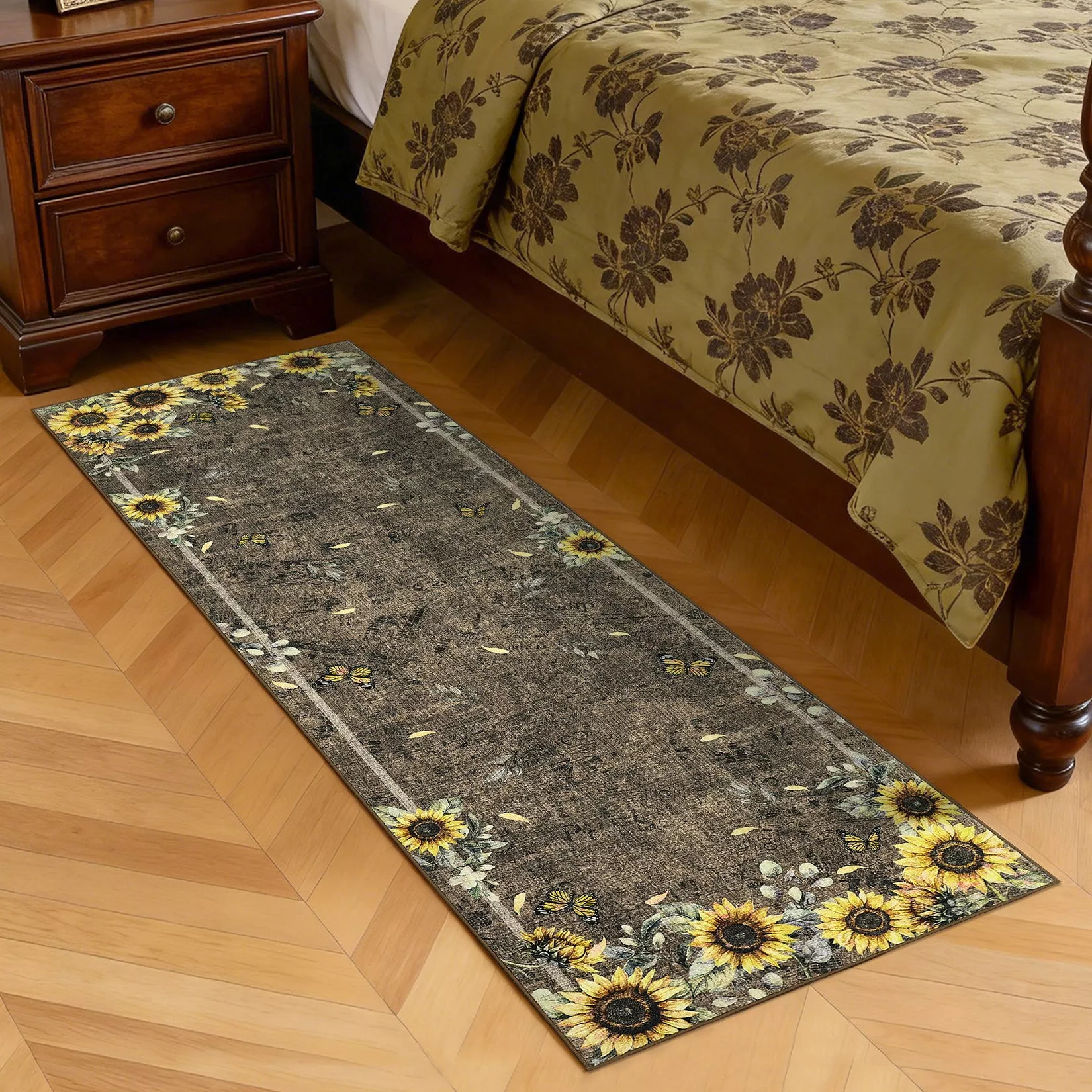 Sunflower 2x6ft Washable Non-Slip Runner RugModern Low Pile, Mark Resistant Soft Floral Carpet Mat for Kitchen, Bedroom, Entryway, LaundryCollapsible, Thin, Brown