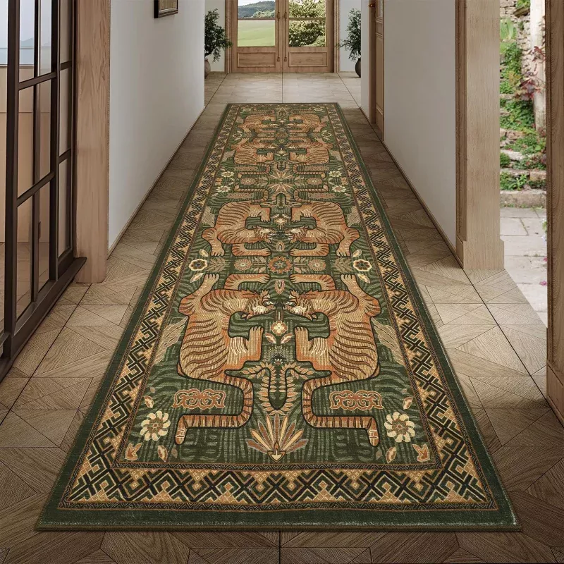Tiger Print 2’6″x8′ Washable Non Slip Runner Rugs for Hallways, Boho Green Kitchen Runner Ultra Thin Soft Vintage Tribal Indoor Throw Floor Carpet for Entryway Bedroom Bathroom