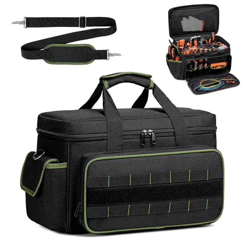 Tool Bag for Men, 17-Inch Durable Oxford Tool Tote with Padded Handle & Adjustable Shoulder Strap, Multi-Pocket Storage Organizer for Electrician, Carpenter, Handyman, Mechanic blackgreen