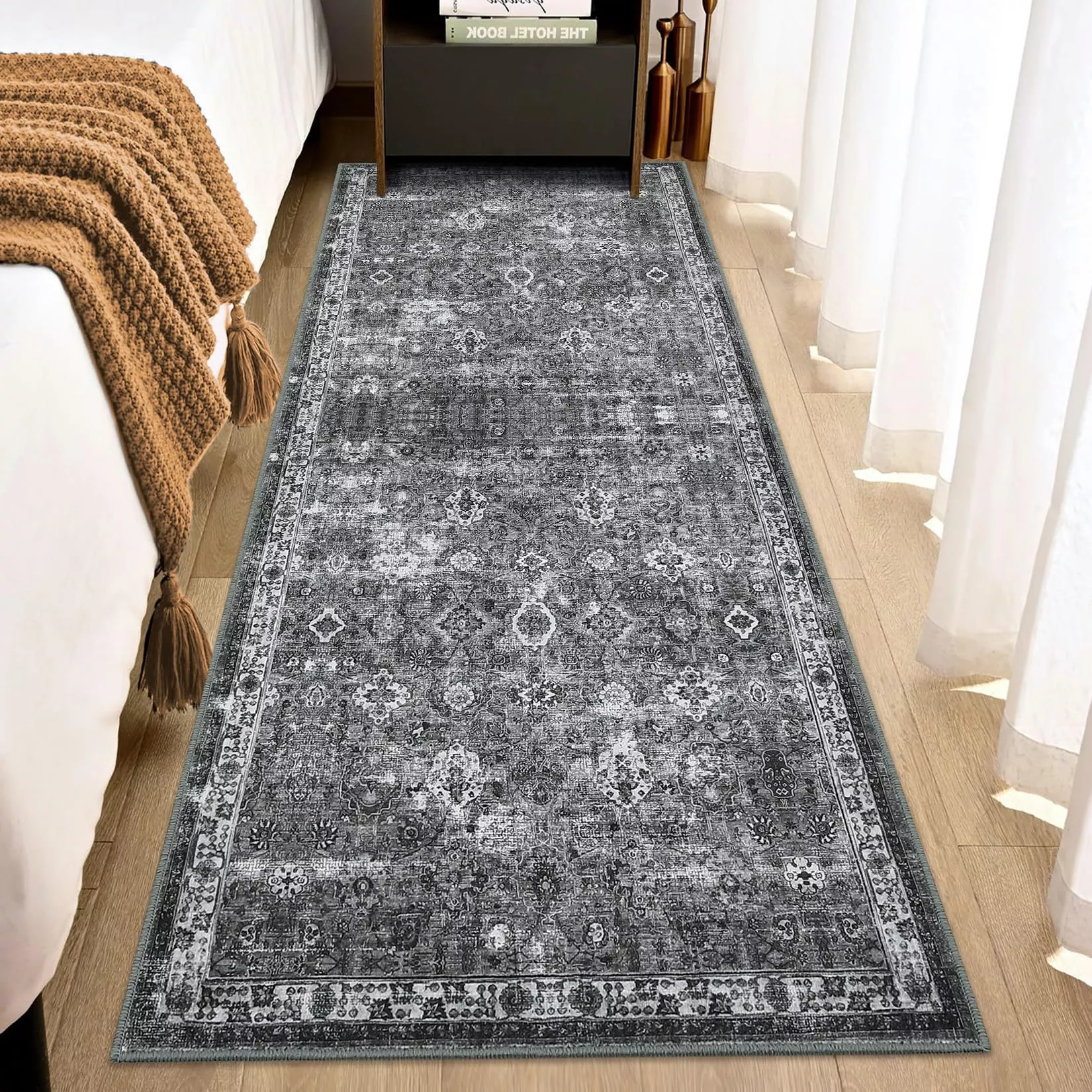 Vintage Floral 2×6 Runner Rug Dark Grey Boho Washable Non-Slip Thin Faux Wool Carpet for Kitchen Hallway Bedroom