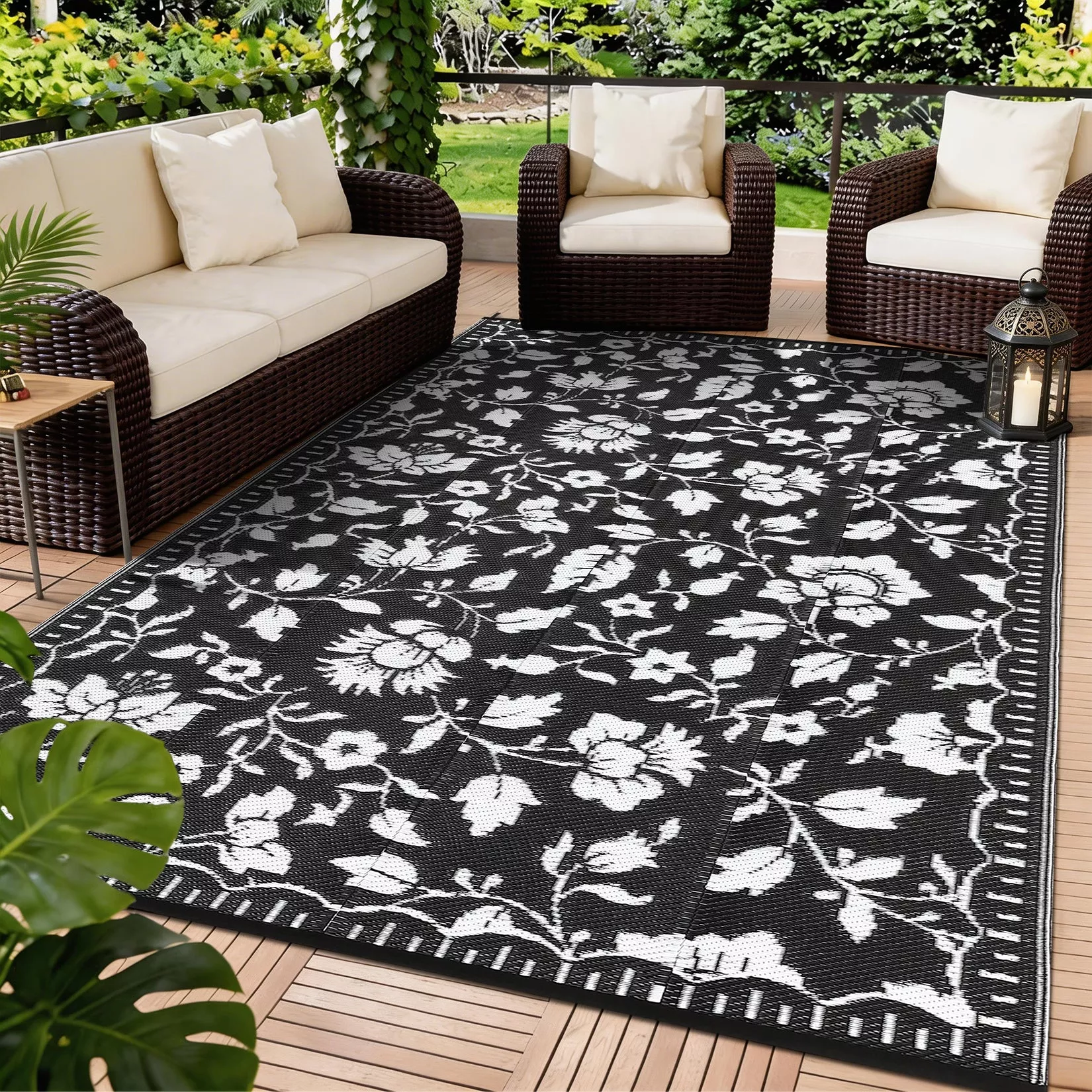 Waterproof Reversible Outdoor Rug 6x9ft – Modern Black & White Floral Plastic Straw Mat – Collapsible, Lightweight, Portable Bag – Ideal for Patio, RV, Camping, Deck, Beach, Garden – Black & White